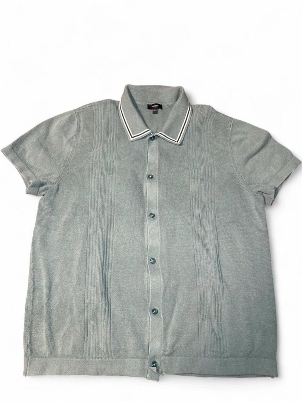 Express Short-Sleeve Button-Up Knit Shirt in Sage Green with Contrast Collar